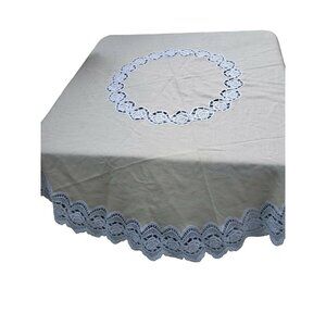 NOS Cream Linen w/White Crocheted Lace Edging Middle 62" Round Tablecloth